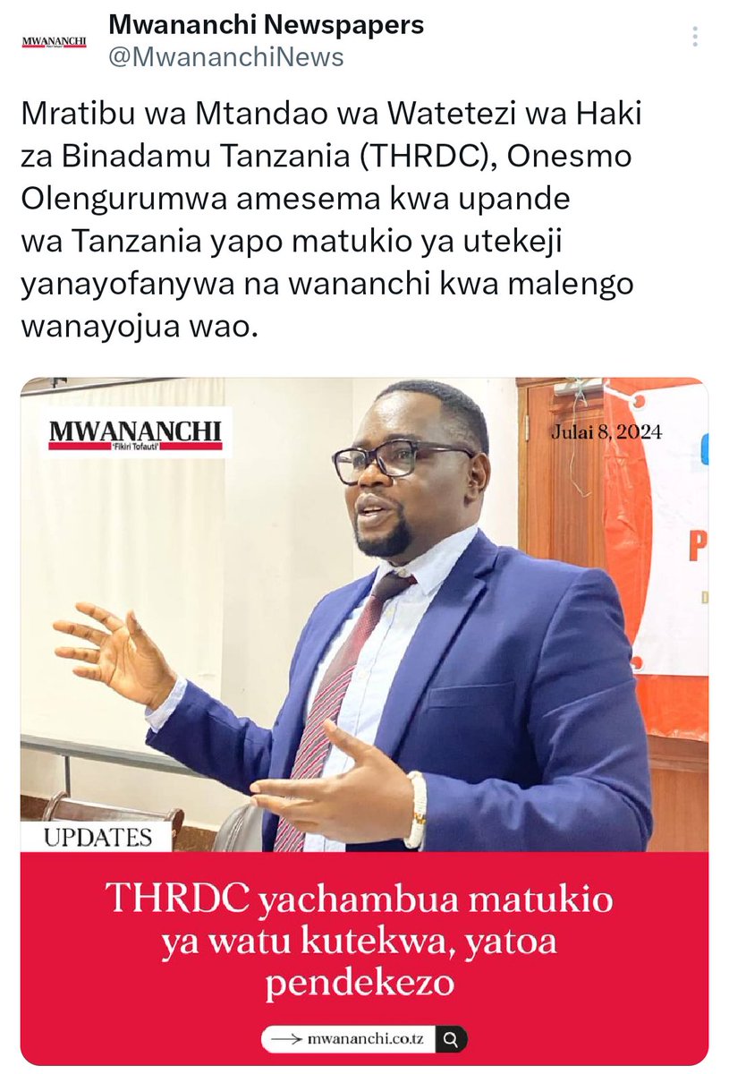 DEUSDEDITH SOKA (@deusdedithsoka) on Twitter photo Kaka acha kufanya hizi spinning zako
Tafadhali acha hii Mara Moja <a href="/OlengurumwaO/">Olaigwanani-Olengurumwa, Adv</a> Mungu hadhiakiwi
watu waliopotea ni wengi na wanaopotea wengi ni wakosoaji wa Serekali.
Na pia unafaahamu Serekali inajukumu la kulinda Raia.
WAKATI UNAKUJA TUTAWAHESABU KWA KAULI ZENU HIZI. Kaka acha kufanya hizi spinning zako
Tafadhali acha hii Mara Moja <a href="/OlengurumwaO/">Olaigwanani-Olengurumwa, Adv</a> Mungu hadhiakiwi
watu waliopotea ni wengi na wanaopotea wengi ni wakosoaji wa Serekali.
Na pia unafaahamu Serekali inajukumu la kulinda Raia.
WAKATI UNAKUJA TUTAWAHESABU KWA KAULI ZENU HIZI.