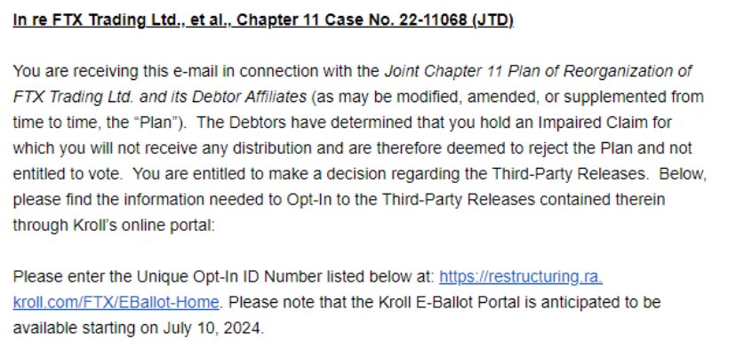 sunil_trades's tweet photo. Impaired claims: Most claims are impaired in the bankruptcy (not getting full recovery) but still can vote

Impaired claims with no distribution: Can not vote

May refer to FTT ($0) portion of claim 

Third-Party releases:

Opt-out: can pursue other methods of recovery (lawsuits)
Opt-in: want to release all parties from any liability (no lawsuits)

Imperative to tick/untick correct box