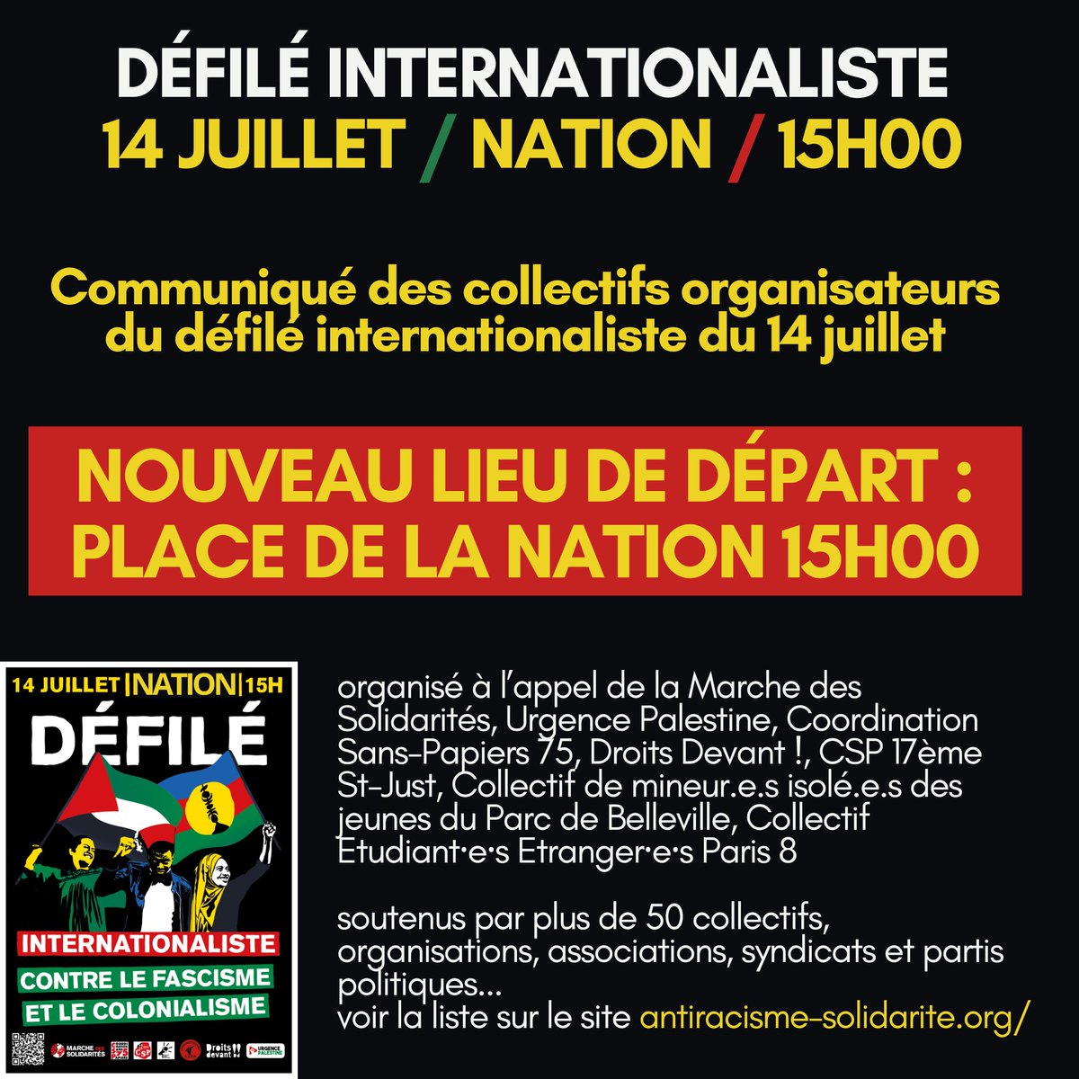 MSolidarites's tweet photo. 🚨Communiqué des collectifs organisateurs du défilé internationaliste du 14 juillet 

📅Nouveau lieu de départ : 15H00 Place de la Nation https://t.co/Pz4Hjzes0r
