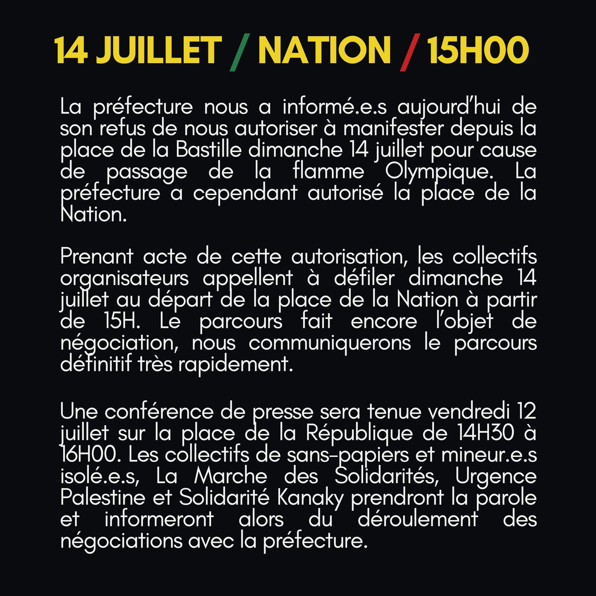 MSolidarites's tweet photo. 🚨Communiqué des collectifs organisateurs du défilé internationaliste du 14 juillet 

📅Nouveau lieu de départ : 15H00 Place de la Nation https://t.co/Pz4Hjzes0r