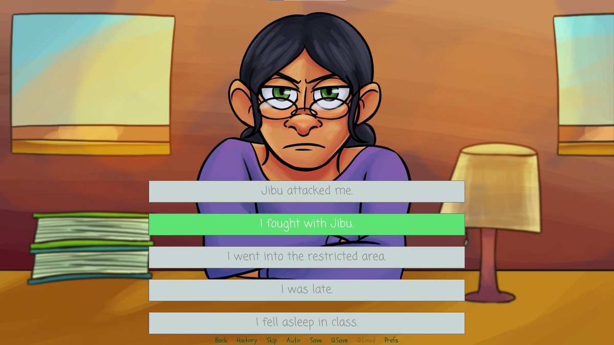 My #O2A2VNJam project is almost done! I finished the main game progression, added expressions, multiple endings, and colored text. I learned about some Ren'Py specific features. I played through all of the 4 paths and everything is mostly there. Just some final polish left!
#O2A2