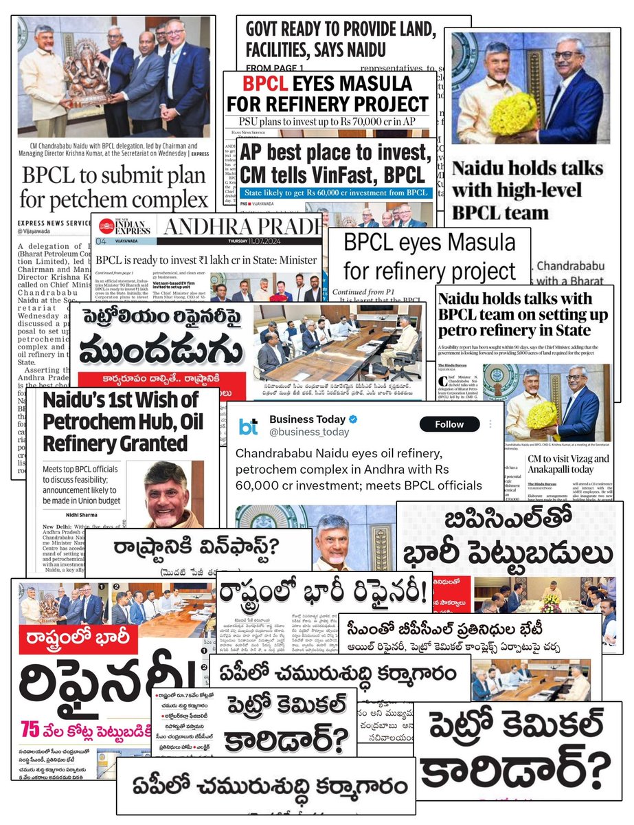 ncbn's tweet photo. We are on a mission to rebuild Andhra Pradesh. Given where the previous government had left it, this will be a humongous challenge. I require everyone's support in this mission, and particularly the media which is the fourth pillar of our democracy. Media plays a crucial role in keeping citizens informed while holding the government accountable. 

Yesterday, I had productive meetings with @BPCLimited and VinFast that could result in large scale investment and job creation. This is a departure from what occurred over the last five years - when politics trumped progress, corruption replaced cooperation and destruction replaced development. Investors had lost confidence and left the State, impacting the economy and employment. Now, it is crucial that we win back the confidence of investors.  

I thank our media colleagues for reporting on these meetings, spreading hope across the state. Your coverage has helped spread the word about the opportunities and potential that Andhra Pradesh has to offer, reassuring investors that our State is a reliable and safe destination for investment. I hope that we will continue to work together to make Andhra Pradesh the No. 1 state in the country.