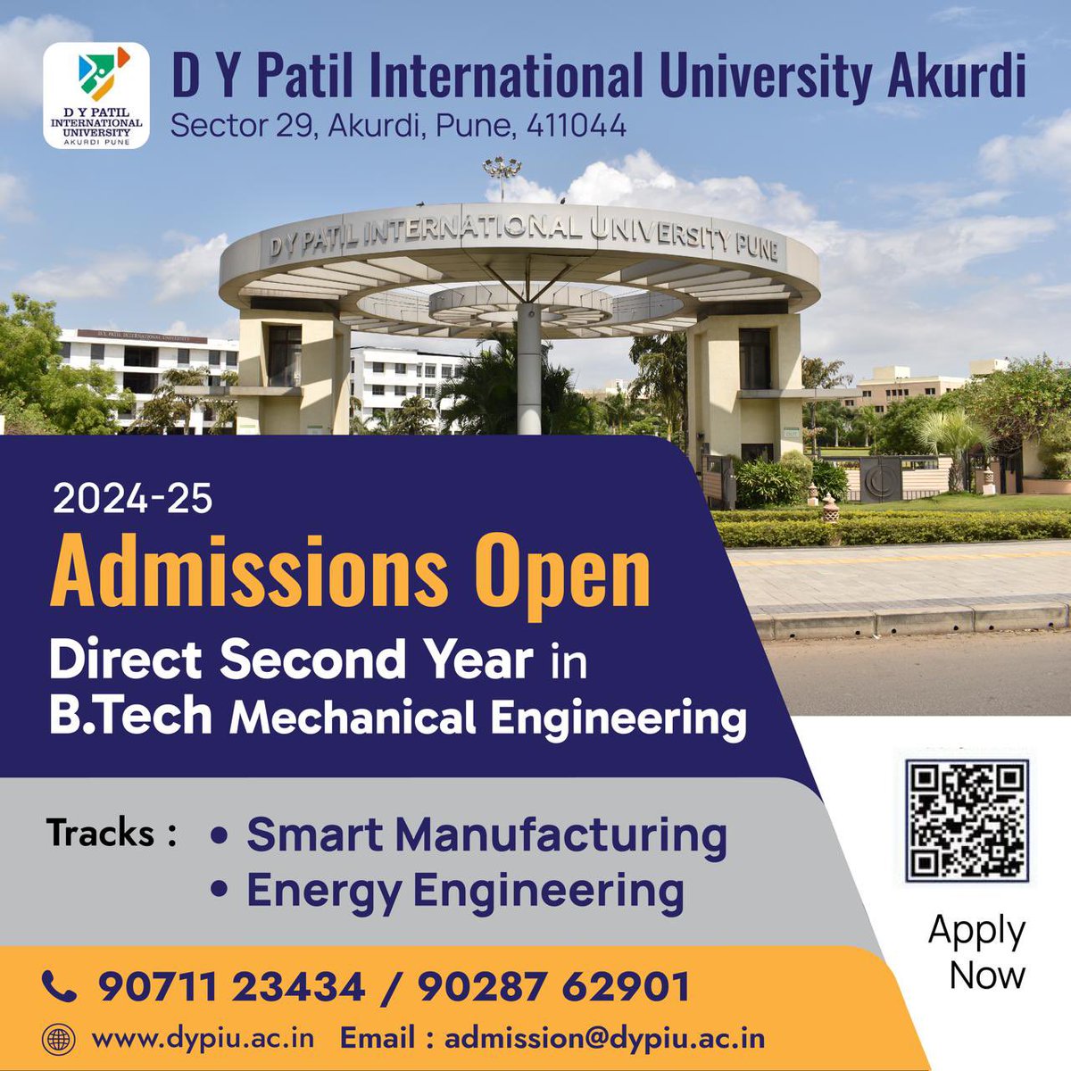 Exciting Opportunity! Admissions are now open for Direct 2nd Year in B.Tech #MechanicalEngineering at DYPIU. Take the next step in your engineering journey and join a community of innovators and problem-solvers.
Apply now : bit.ly/44y9QPnIn
#dypiu