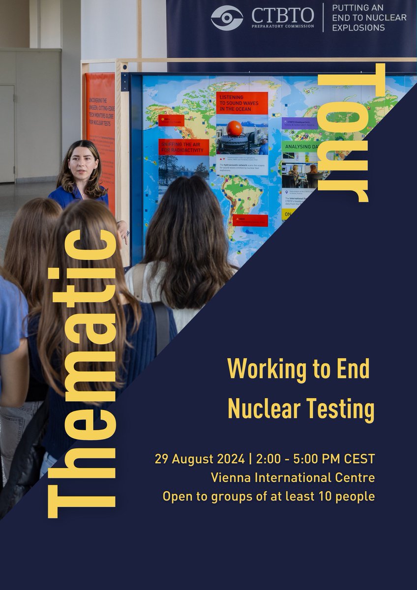 CTBTO's tweet photo. 🌍 What better day than #IDANT to discover how the #CTBTO is working to end nuclear testing? Join us on 29 August for an exclusive tour and lecture at the Vienna International Centre. Book your tickets 🎟️ today: https://t.co/AI0TMLjOAw
#InternationalDayAgainstNuclearTesting https://t.co/bngiMOa0R7