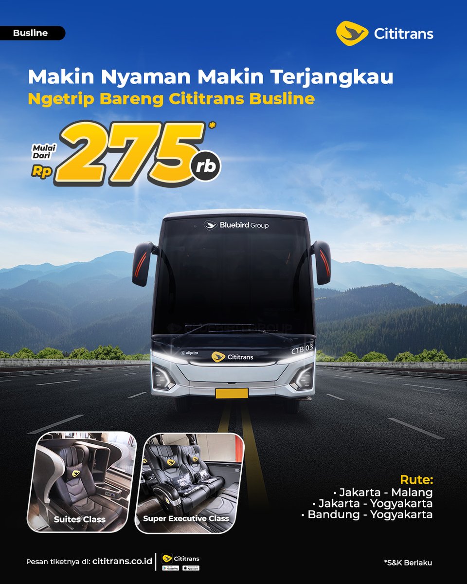 cititransindo's tweet photo. Ngetrip bareng Cititrans Busline kini lebih terjangkau! Mulai dari Rp275rb kamu bisa menikmati Cititrans Busline. Buruan pesan tiketnya di web/aplikasi Cititrans sebelum kehabisan
*S&K berlaku
#Bluebird #BluebirdGroup #SetiapKilometerBerarti
#Cititrans https://t.co/X17qivZFUF