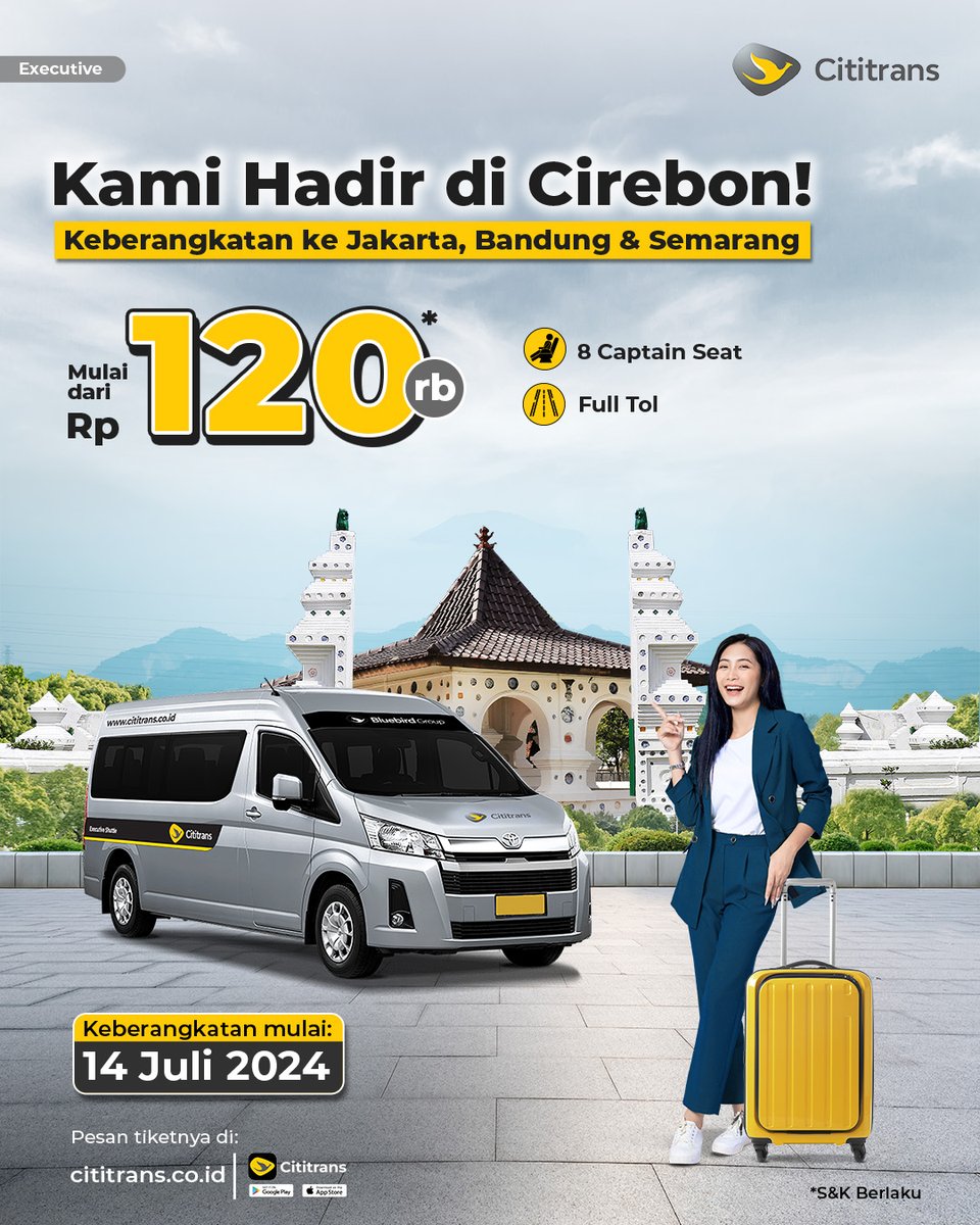 cititransindo's tweet photo. Kini kamu bisa bepergian ke Cirebon dengan nyaman bersama Cititrans. Mulai tanggal 14 Juli 2024, kamu bisa berangkat dari Jakarta, Bandung & Semarang! Pesan tiketnya di web/aplikasi Cititrans
#Bluebird #BluebirdGroup #SetiapKilometerBerarti
#Cititrans
#CititransShuttle https://t.co/csFk9VtfK6
