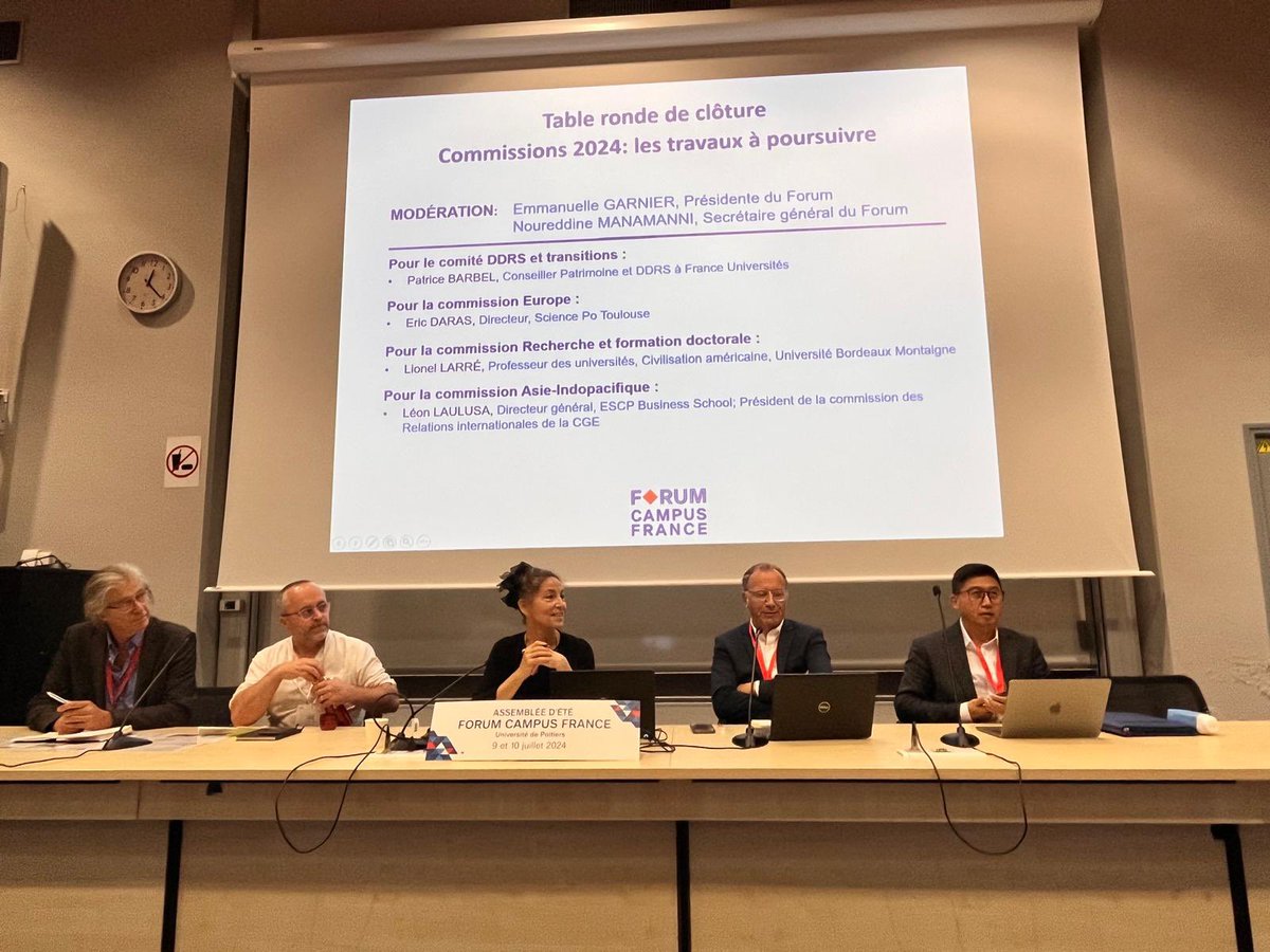 CampusFrance's tweet photo. #ForumCF | Table ronde de clôture avec Patrice Barbel @FranceUniv, Eric Darras, Sciences Po Toulouse, @LarreLionel @UBMontaigne, @leon_laulusa @ESCP_bs, Emmanuelle Garnier, Présidente du Forum Campus France ! https://t.co/xAzo8R58xS