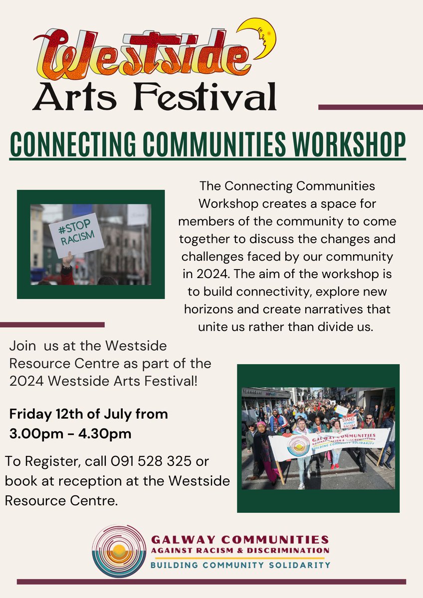 @sanctuarygalway (@sanctuarygalway) on Twitter photo Join us tomorrow at the Westside Resource Centre for our Connecting Communities workshop as part of the Westside Arts Festival.
The workshop will take place from 3-4:30pm, and all are welcome :)
See flyer for registration details.... <a href="/GalwayCommunity/">Galway City Partnership</a> <a href="/gtmtrav/">Galway Traveller Movement</a> <a href="/AmachLGBT/">Amach LGBT Galway</a> Join us tomorrow at the Westside Resource Centre for our Connecting Communities workshop as part of the Westside Arts Festival.
The workshop will take place from 3-4:30pm, and all are welcome :)
See flyer for registration details.... <a href="/GalwayCommunity/">Galway City Partnership</a> <a href="/gtmtrav/">Galway Traveller Movement</a> <a href="/AmachLGBT/">Amach LGBT Galway</a>