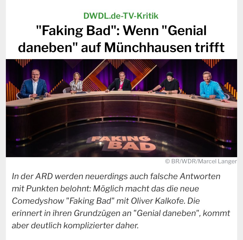 Jonathan.01.06 (@jonathan01_06) on Twitter photo Die DWDL Kritik zur neuen Comedy Show „Faking Bad - Besser als die Wahrheit“ mit Oliver Kalkofe #Fakingbad
<a href="/twitkalk/">Oliver Kalkofe 📯</a> <a href="/fraubauerfeind/">Katrin Bauerfeind</a> <a href="/LauraKarasek_/">LauraKarasek</a> <a href="/kesslermichael/">Michael Kessler</a> <a href="/WDR/">WDR</a> <a href="/ARDde/">rundawn</a> Die DWDL Kritik zur neuen Comedy Show „Faking Bad - Besser als die Wahrheit“ mit Oliver Kalkofe #Fakingbad
<a href="/twitkalk/">Oliver Kalkofe 📯</a> <a href="/fraubauerfeind/">Katrin Bauerfeind</a> <a href="/LauraKarasek_/">LauraKarasek</a> <a href="/kesslermichael/">Michael Kessler</a> <a href="/WDR/">WDR</a> <a href="/ARDde/">rundawn</a>