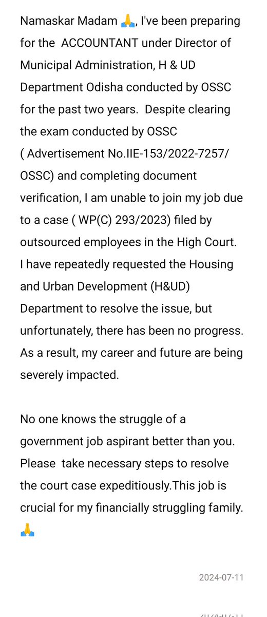 SarcasticI68695's tweet photo. Namaskar Madam 🙏 I got to know that you've joined H&amp;UD  as secretary. This news brings a ray of hope bcz due to negligence in the H&amp;UD dept, 65 govt job aspirants like myself have been unable to start our jobs. Please take prompt action to resolve the issue.🙏 @ushapadhee1996 https://t.co/Xu4Eqr8pTd