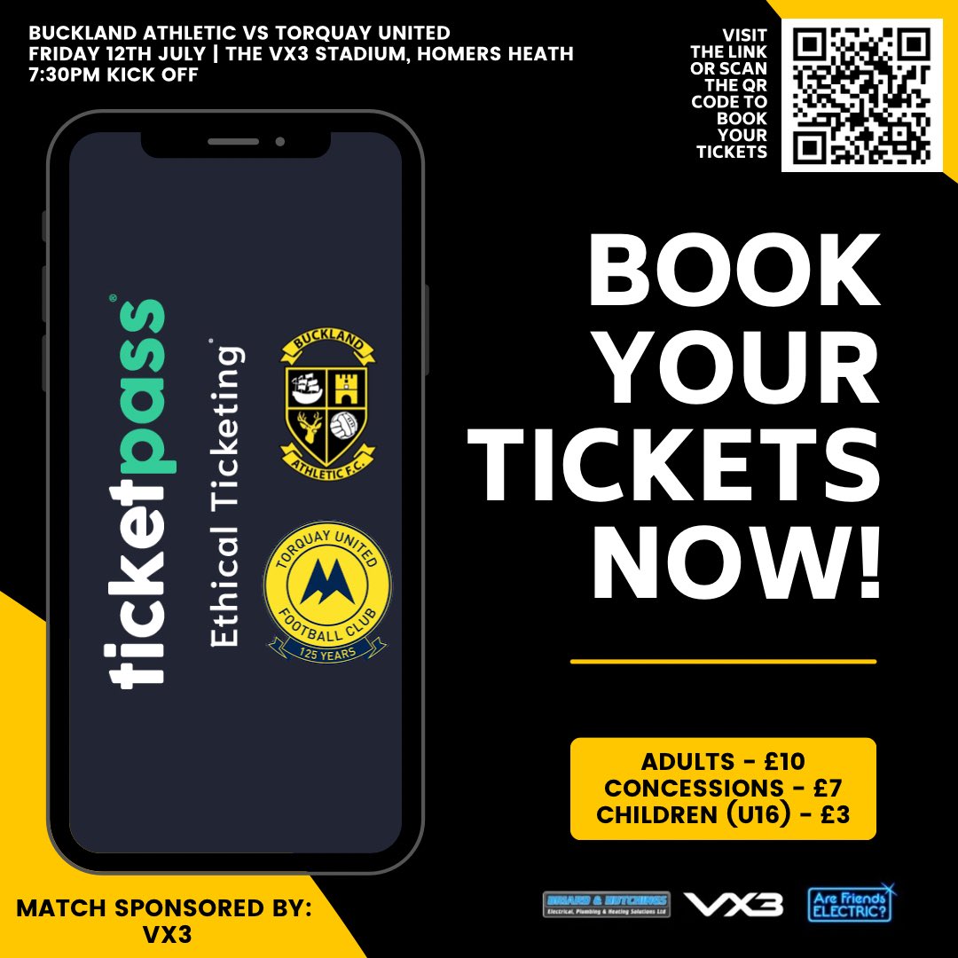 🤏🏻 | We’re getting close

1️⃣ day to go!

🗓️ Friday 12th July
🏟 The <a href="/VX3apparel/">VX3</a> Stadium, Homers Heath
🆚 <a href="/TUFC1899/">Torquay United FC</a>
💷 Adults £10, Concessions £7, Children (Under 16) £3
⏱️ 7:30pm KO

🚪 Entry from 5pm
🅿️ Parking in field adjacent to ground

🎟️ Get tickets: ticketpass.org/event/EKCTMJ/b…