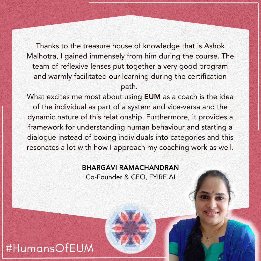 eumlens's tweet image. Here is what Bhargavi Ramachandran has to say about her experience with EUM.

To know more, visit our website: Home - Existential Universe Mapper (eumlens.in)

#eumlens, #eumresearch, #eum, #testimonials, #ashokmalhotra,
#eumreflections, #eumworkshop