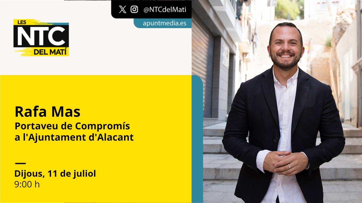 📡Hui entrevistem Rafa Mas (<a href="/Ra_Mas/">Rafa Mas🌻🤝🏼🌍</a>), portaveu de Compromís a l'Ajuntament d'Alacant. <a href="/CompromisALC/">Compromís Alacant</a>

➡️Amb <a href="/adolfbeltran/">Adolf Beltran Català</a>, <a href="/anajoverS/">Ana Jover Sapena</a> i <a href="/VictorRomeroEC/">Víctor Romero</a> en la tertúlia.  

⏰A les 09:00 h  
📻web.apunt.es/RàdioEnDirecte 
📺 web.apunt.es/DirecteTV