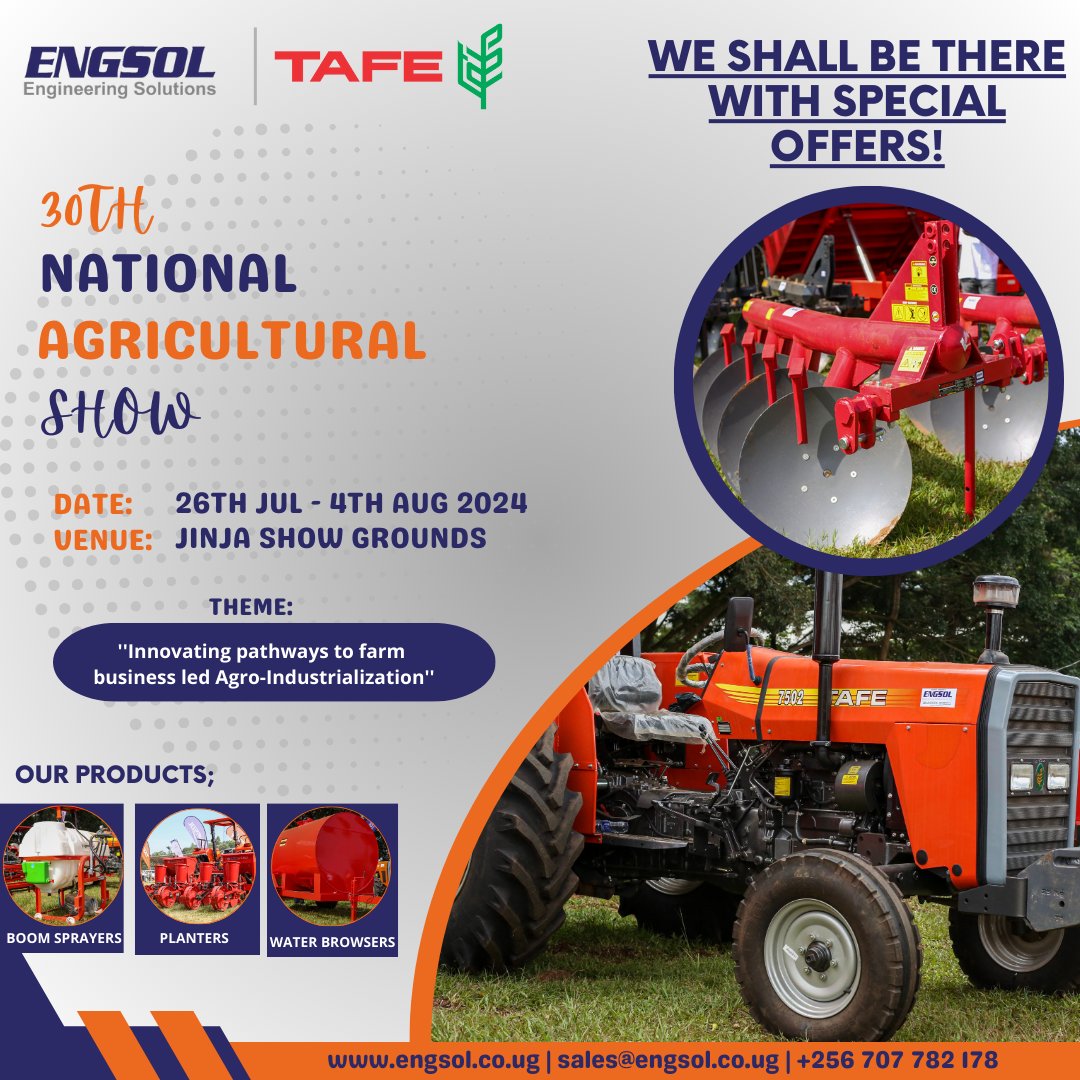 ✅𝐖𝐄 𝐒𝐇𝐀𝐋𝐋 𝐁𝐄 𝐓𝐇𝐄𝐑𝐄!

Dear farmers, please join us from 26thy July - 4th August 2024 at the #AgricShow24 as we showcase our agricultural Tractors and implements ranging from ploughs, harrows, planters, harvests, boom sprayers, milking machines and so much more at