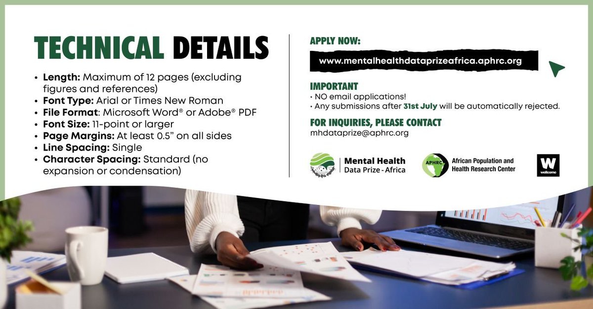 Dr. Catherine Kyobutungi Muzukulu wa Bityo (@ckyobutungi) on Twitter photo Applications for the Mental Health Data Prize Africa now open. 10 awards for GBP 200,000 each are up for grabs.
DEADLINE: July 31
Apply, RT, Share
#WeAreAfrica
#IamAPHRC
<a href="/aphrc/">APHRC</a> <a href="/wellcometrust/">Wellcome</a> <a href="/MHDPrizeAFRICA/">Mental Health Data Prize-Africa</a> <a href="/Wekesah/">Ѫцяцпgа Шёкё$ан</a>
Details in the link below 👇👇👇
mentalhealthdataprizeafrica.aphrc.org/applications/ Applications for the Mental Health Data Prize Africa now open. 10 awards for GBP 200,000 each are up for grabs.
DEADLINE: July 31
Apply, RT, Share
#WeAreAfrica
#IamAPHRC
<a href="/aphrc/">APHRC</a> <a href="/wellcometrust/">Wellcome</a> <a href="/MHDPrizeAFRICA/">Mental Health Data Prize-Africa</a> <a href="/Wekesah/">Ѫцяцпgа Шёкё$ан</a>
Details in the link below 👇👇👇
mentalhealthdataprizeafrica.aphrc.org/applications/