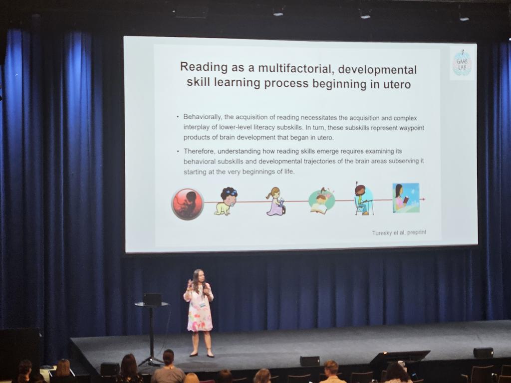 DrFionaKyle's tweet image. A packed auditorium at 8.30am for @GaabLab arguing that reading skills begin in utero at @SSSReading #SSSR2024