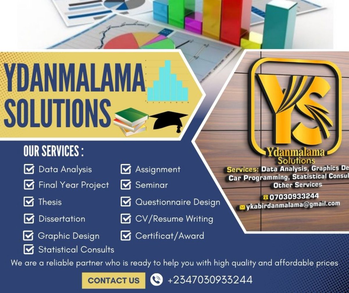 YDanmalamaS's tweet photo. Alhamdulillah
🚀 Let’s Get Down to Business! 🚀

Ydanmalama Solutions: Data analysis, academic excellence, and more.

Hire us today!!
0703 093 3244 https://t.co/oOCdtuP5zh