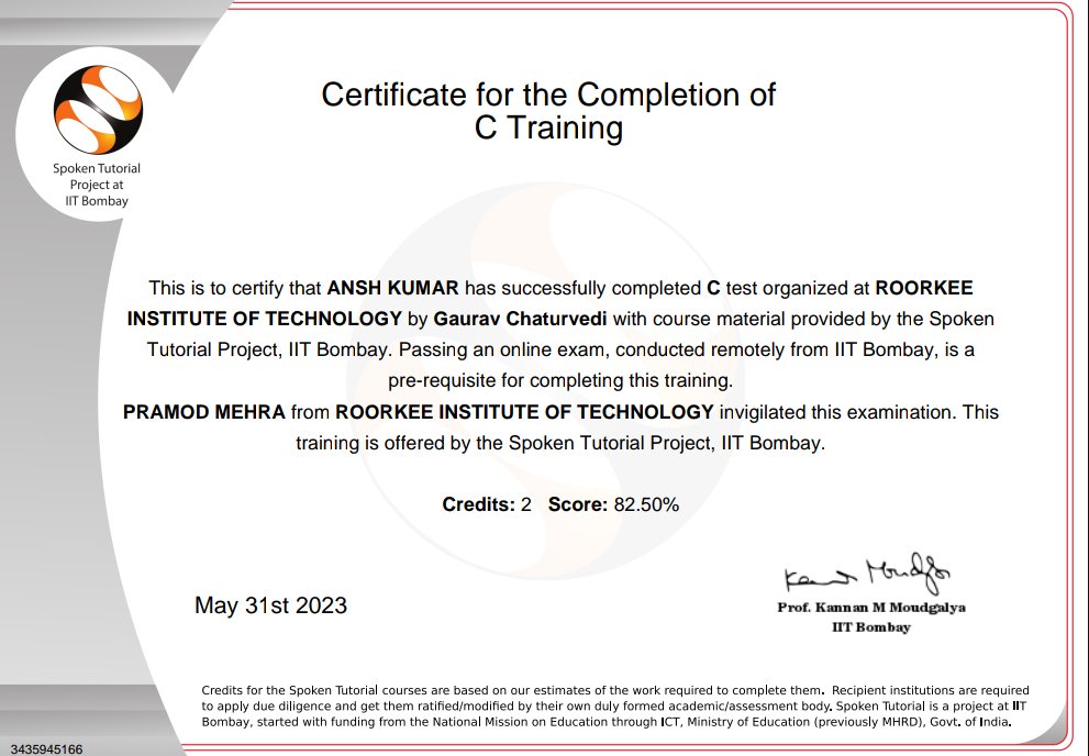 Anshkumar000111's tweet image. Successfully completed the C training with 82.50% conducted by IIT Bombay through the Spoken Tutorial Project.
Hashtags:
#CProgramming #IITBombay #SpokenTutorial #ProgrammingSkills #CodingJourney #Achievement #Learning #Education #RITRoorkee