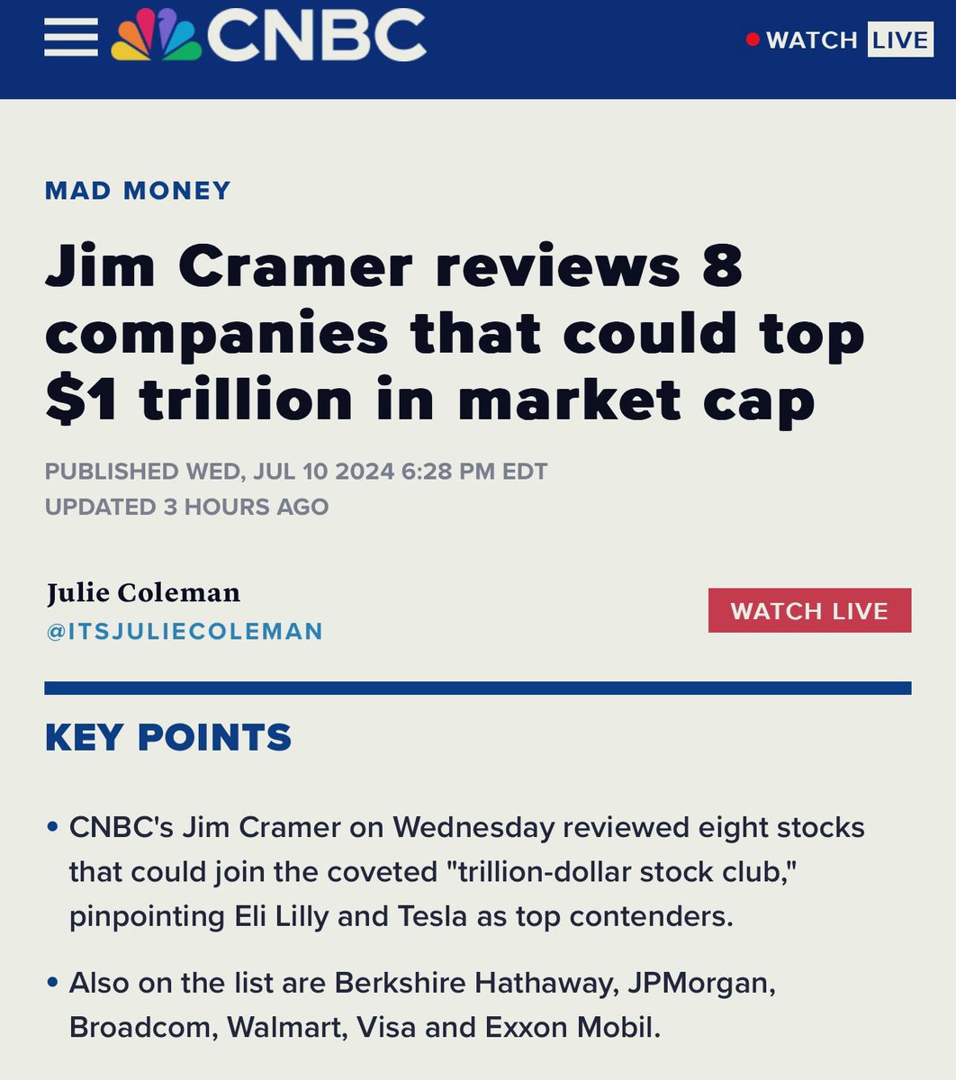 JRTDesk's tweet image. ทุกคนครับ… 🥲

Jim Cramer ออกมาเชียร์หุ้นอยู่ 8 ตัวครับ… ว่าหุ้นเหล่านี้จะโตไปถึง $1 Trillion ในอนาคต 🥺😢

โดย Jim ได้เชียร์…. 

Eli Lilly: $LLY
Berkshire Hathaway: $BRK.A
Tesla: $TSLA
Broadcom: $AVGO
JP Morgan: $JPM
Walmart: $WMT
Visa: $V
Exxom Mobil: $XOM…