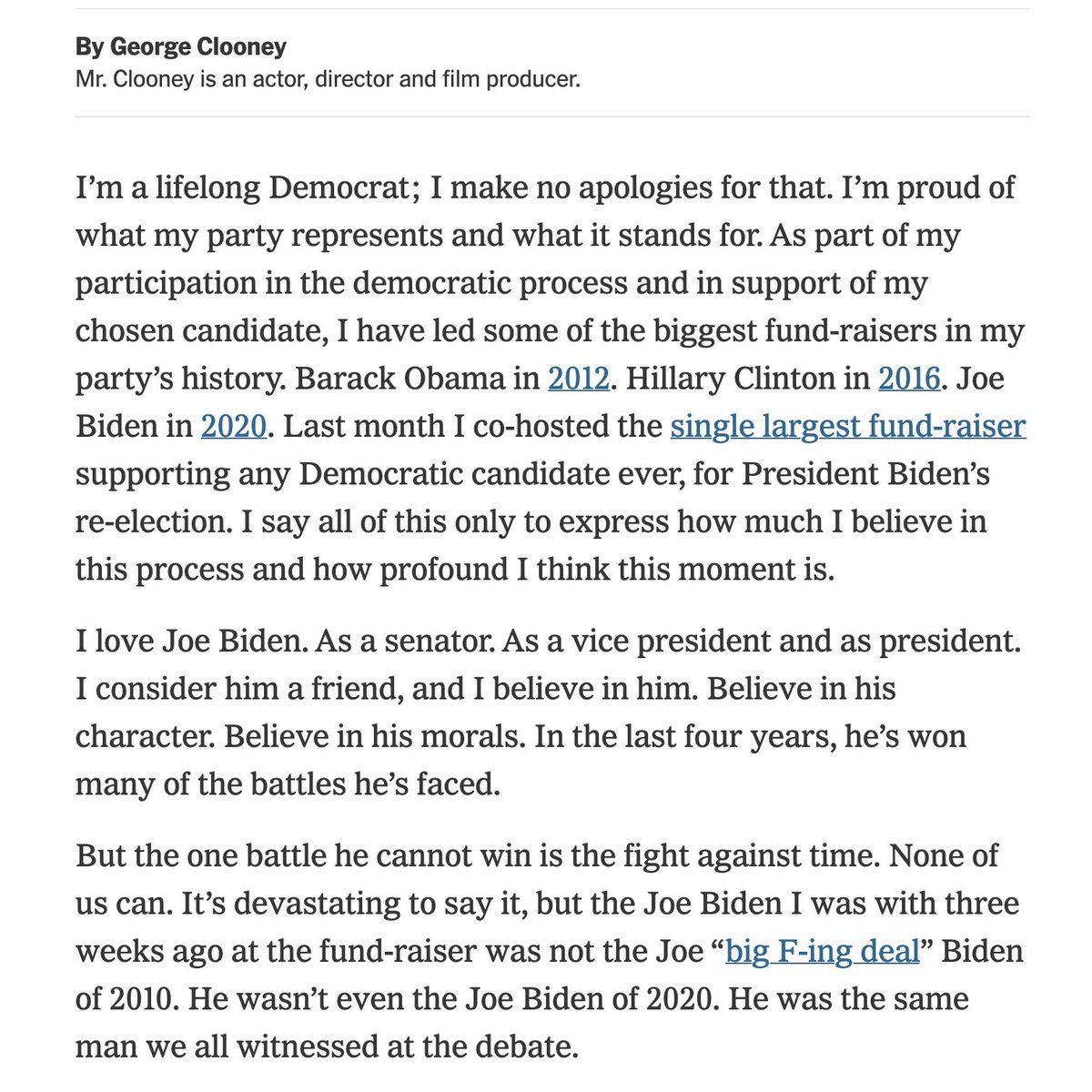 mishacollins's tweet photo. I was at George Clooney’s recent fundraiser with President Biden, and I concur. I deeply respect @JoeBiden, and if he remains the nominee I will of course vote for him and advocate for him to win over the existential threat to democracy that is Trump… but the most heroic thing Biden can do now is to step aside. https://t.co/bTmw6V9zwq