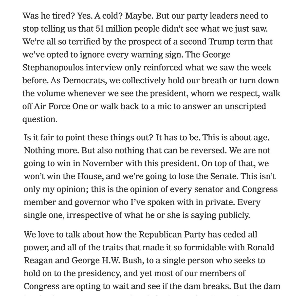 mishacollins's tweet photo. I was at George Clooney’s recent fundraiser with President Biden, and I concur. I deeply respect @JoeBiden, and if he remains the nominee I will of course vote for him and advocate for him to win over the existential threat to democracy that is Trump… but the most heroic thing Biden can do now is to step aside. https://t.co/bTmw6V9zwq