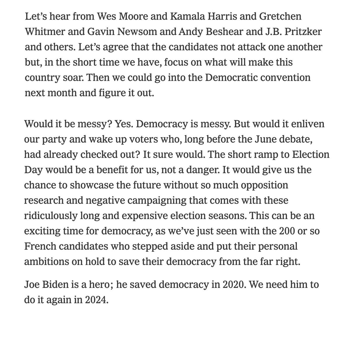 mishacollins's tweet photo. I was at George Clooney’s recent fundraiser with President Biden, and I concur. I deeply respect @JoeBiden, and if he remains the nominee I will of course vote for him and advocate for him to win over the existential threat to democracy that is Trump… but the most heroic thing Biden can do now is to step aside. https://t.co/bTmw6V9zwq