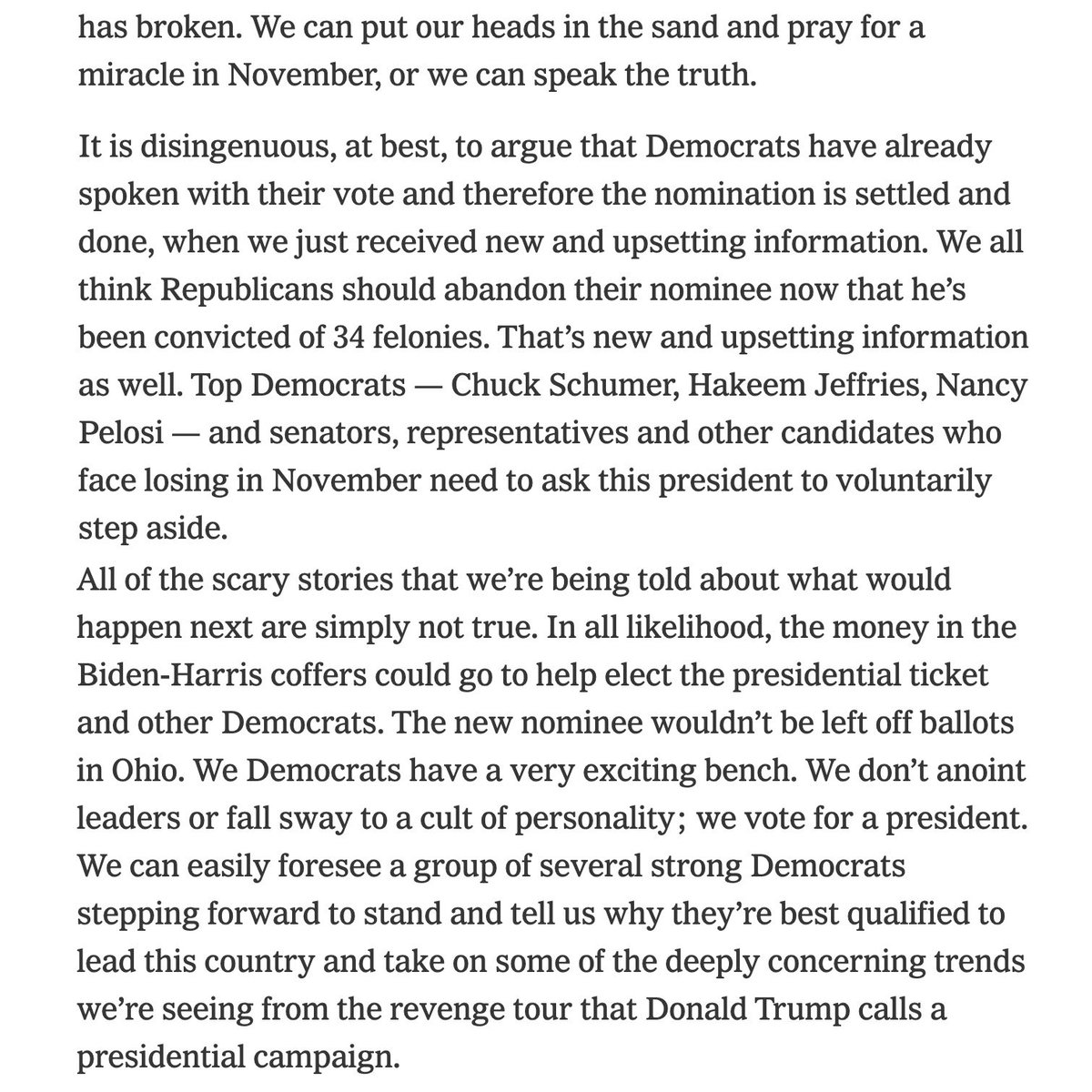 mishacollins's tweet photo. I was at George Clooney’s recent fundraiser with President Biden, and I concur. I deeply respect @JoeBiden, and if he remains the nominee I will of course vote for him and advocate for him to win over the existential threat to democracy that is Trump… but the most heroic thing Biden can do now is to step aside. https://t.co/bTmw6V9zwq