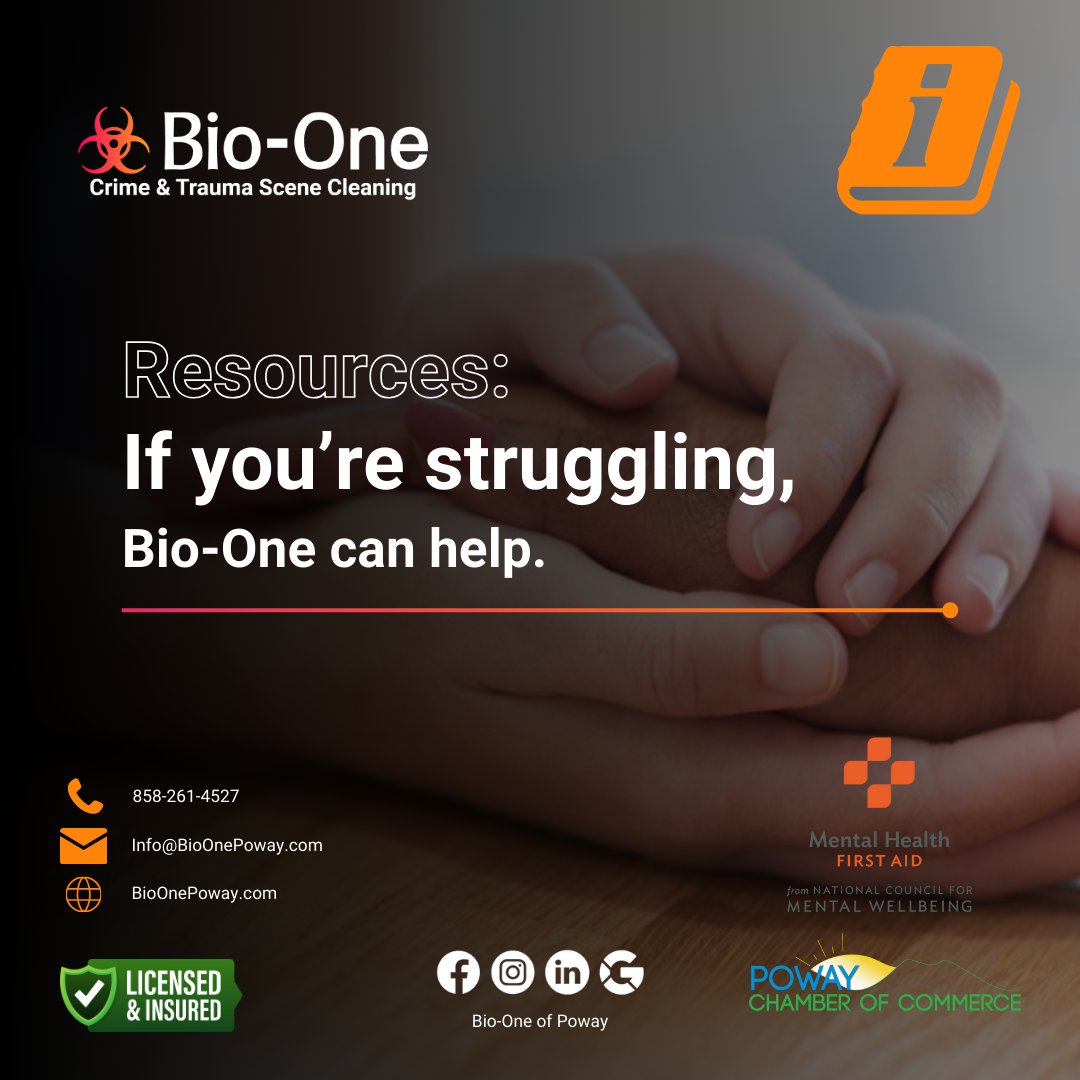 BioOnePoway's tweet image. When you don’t know where to turn for support, you can contact the organizations listed on our website that serve families and friends affected by traumatic experiences.

🔗: bioonepoway.com/resources/
📧 Info@BioOnePoway.com
📞 858-261-4527

#bioone #bioonepoway #poway #sandiego