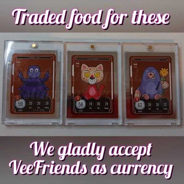 StarViewCrypto's tweet image. We gladly accept many forms of payment.
We happily trade food for many different types of items.
This was a trade for our jerky and season all. And we received these @veefriendscards in exchange.
#MintCondition
We will trade food for #collectibles, precious metals, and shiny
1/2