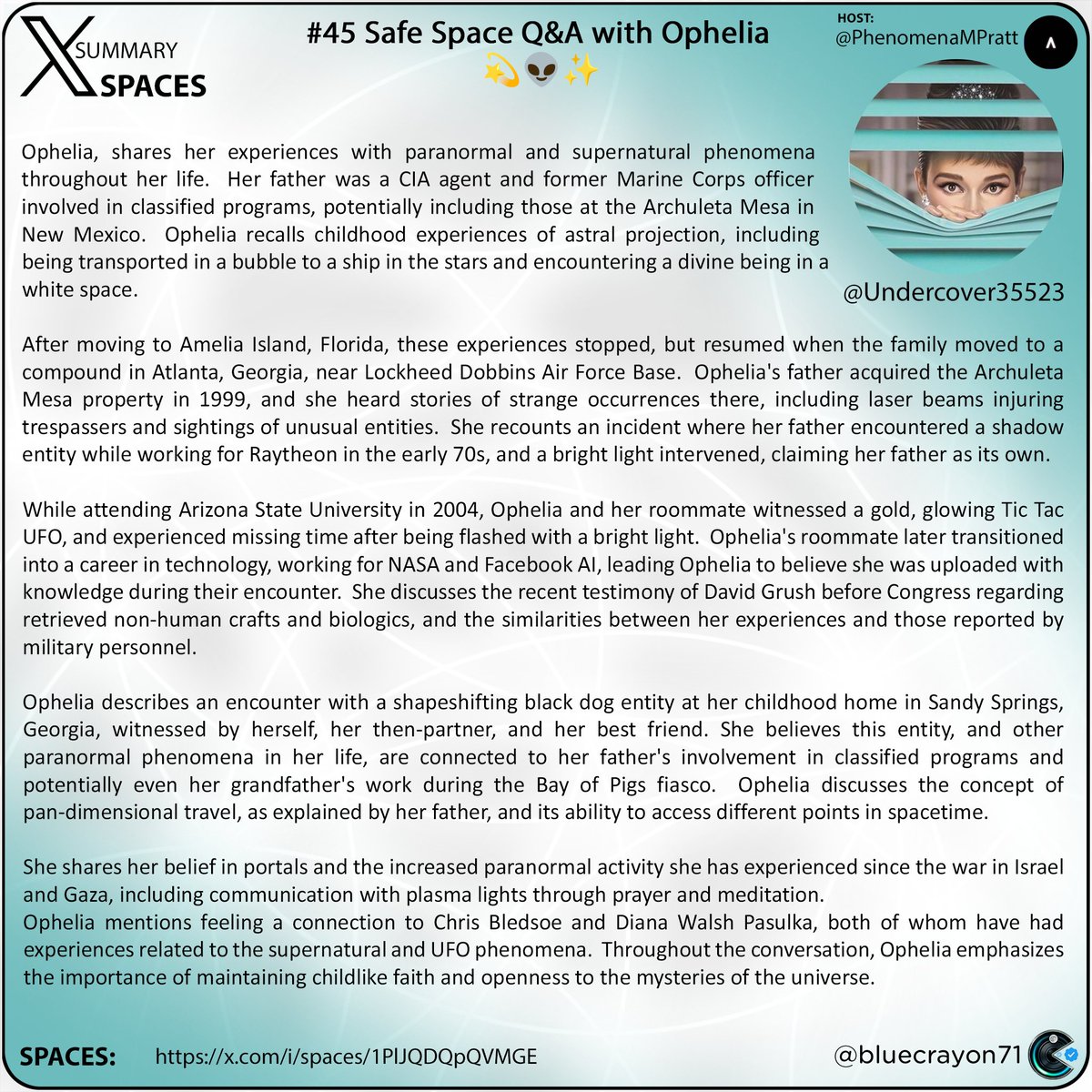 bluecrayon71's tweet photo. #45 Safe Space Q&A with Ophelia 💫👽✨ @Undercover35523
Spaces: https://t.co/WbzfF9Bztg
#paranormal #supernatural #UFO #aliens #disclosure #conspiracy #spiritual #childlikefaith #pandimensional
P.S. Hope you feeling better Ophelia 🙏💙
Thankyou @PhenomenaMPratt https://t.co/TGt1Eu5w7X