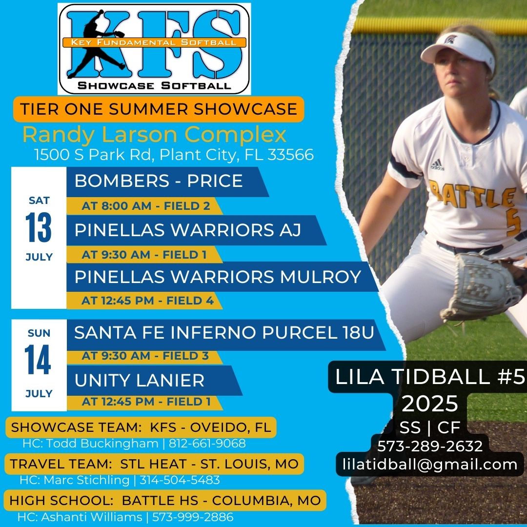 TidballLila's tweet photo. So excited to be back with my team at the @TierOneFP Sunshine State Showcase, 7/13 - 7/14!

Have some fun with us! #KFSStrong

@coachbuck1976, @CoachPetikS, @Keiser_Softball, @spcsoftball, @PolkSoftball, @SEU_CoachWatknz, @FSC_Softball, @coachkelsid, @Coach_Aly_Bz, @EKinberger https://t.co/GrL2E1oMt2
