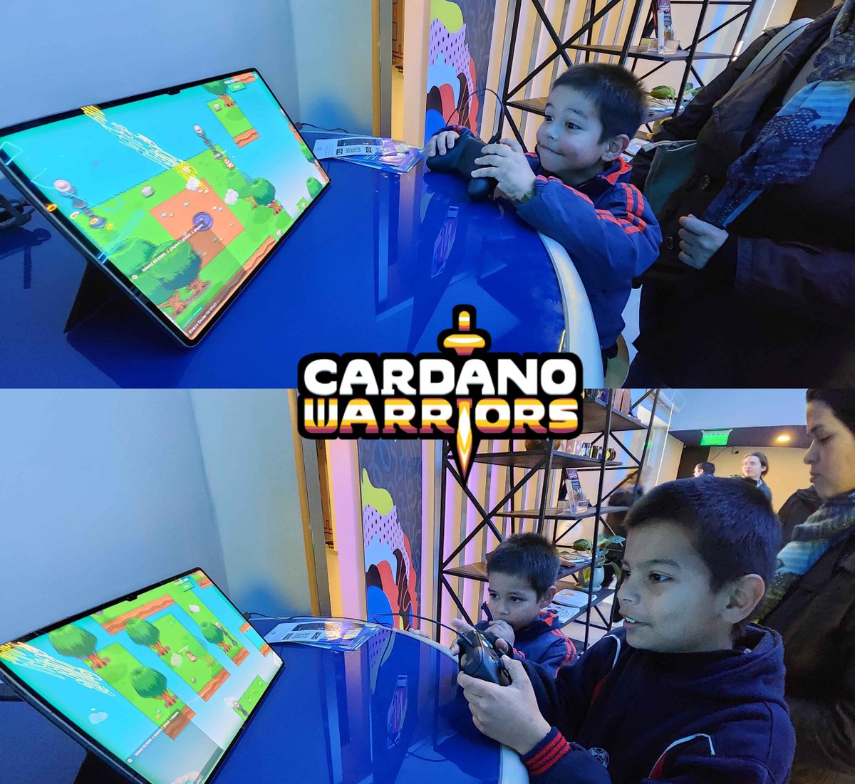 cardanowarriors's tweet photo. ✨🎮 Cardano Warriors delights kids and adults at the 41st Expo Paraguay! The @X4Tcom booth has been the meeting point for gamers of all ages. 

Look at these smiles and the fun as kids explore the amazing world of Cardano Warriors! 🌟🎉👾 #CardanoWarriors #ExpoParaguay https://t.co/5FzVQTzeF1