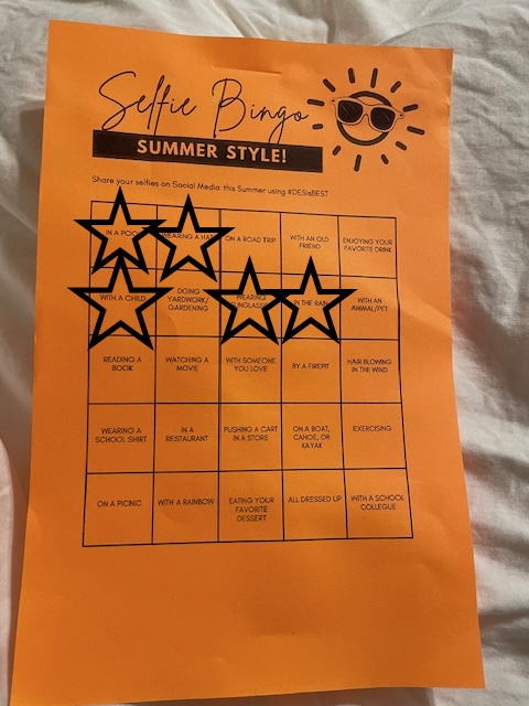 Better late than never finally starting Summer Bingo! 5 across the board!  In a pool, wearing a hat and sunglasses, with a child, in the rain! Woo Hoo! #DESisBEST #summerbingo