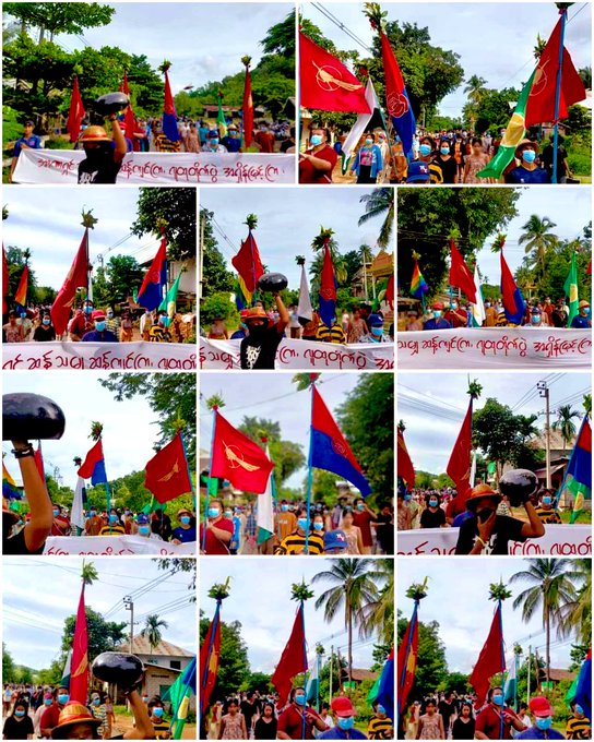 NantEiThandar's tweet photo. Leading Dawei Democratic Movement Strike Committee #DDMSC , Public Movement was held & holding the banners with chanting with Anti Military Dictatorship slogans in #Launglon Township, #Dawei District on July 10. #WhatsHappeninglnMyanmar #2024Jul11Coup https://t.co/V455HSMHaD