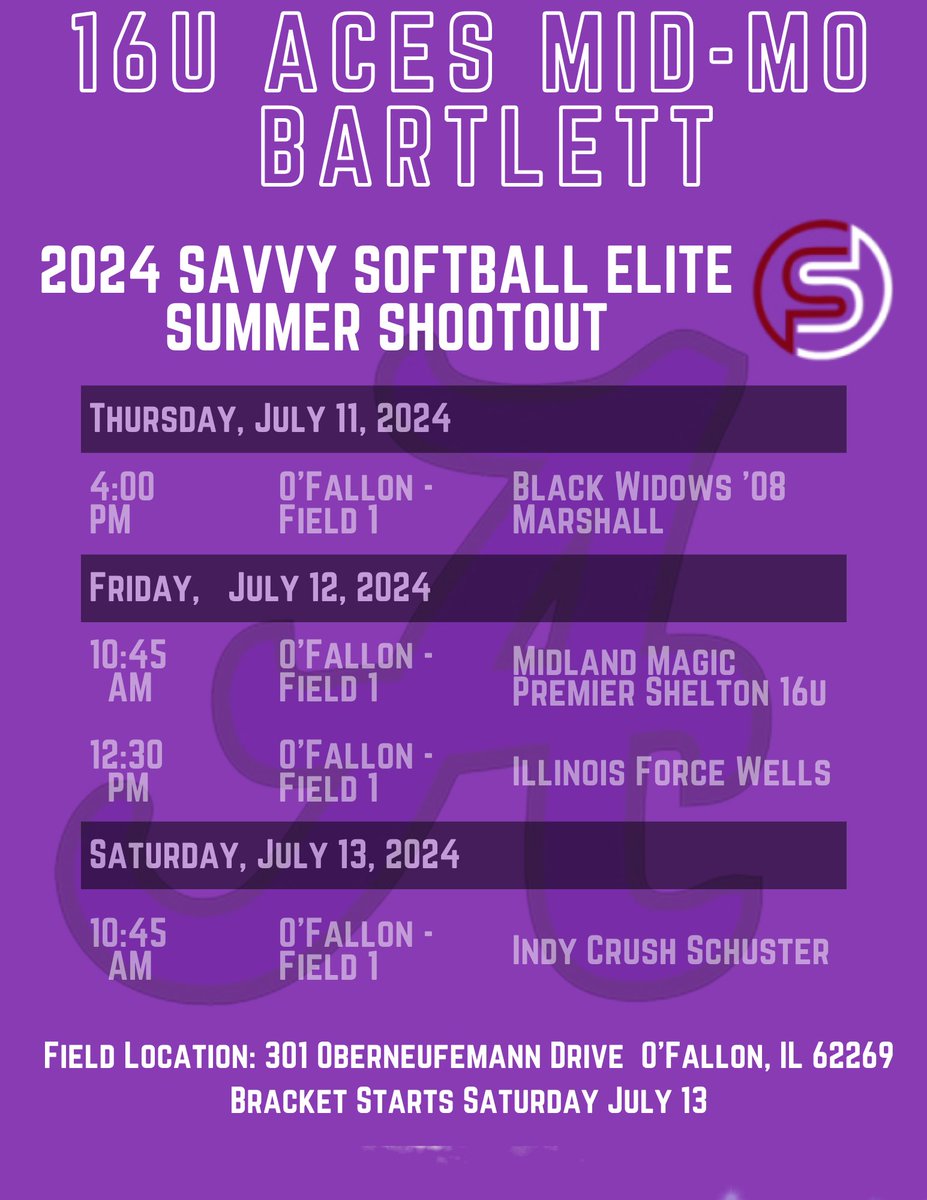 Pool play for my team starts tomorrow in the Savvy Softball Elite Summer Shootout in O’Fallon IL! 💜🥎<a href="/AcesFPMidMO/">Aces Fastpitch (Mid-MO)</a> <a href="/tbartlett76/">Taylor Bartlett</a> <a href="/madi_norman22/">Madi Gerlach (Norman)</a> <a href="/SavvyTourneys/">Savvy Softball</a>