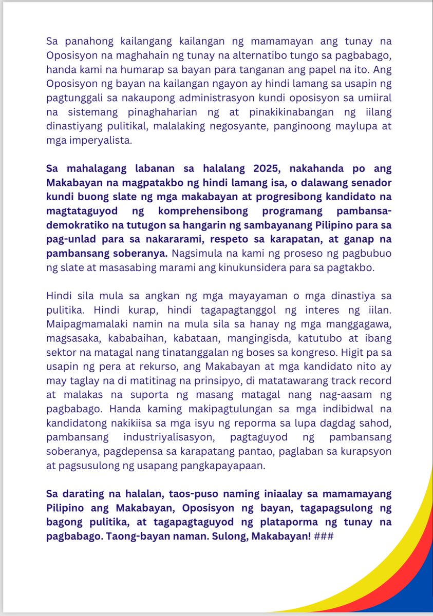 natoreyes's tweet photo. Makabayan has announced its intent to field not just 1 or 2 senatorial candidates but an entire slate for 2025. The group has accepted the challenge to stand as a “people’s opposition”, rejecting both the Marcos and Duterte factions and pushing for a national democratic program. https://t.co/lsQ8leCKK3