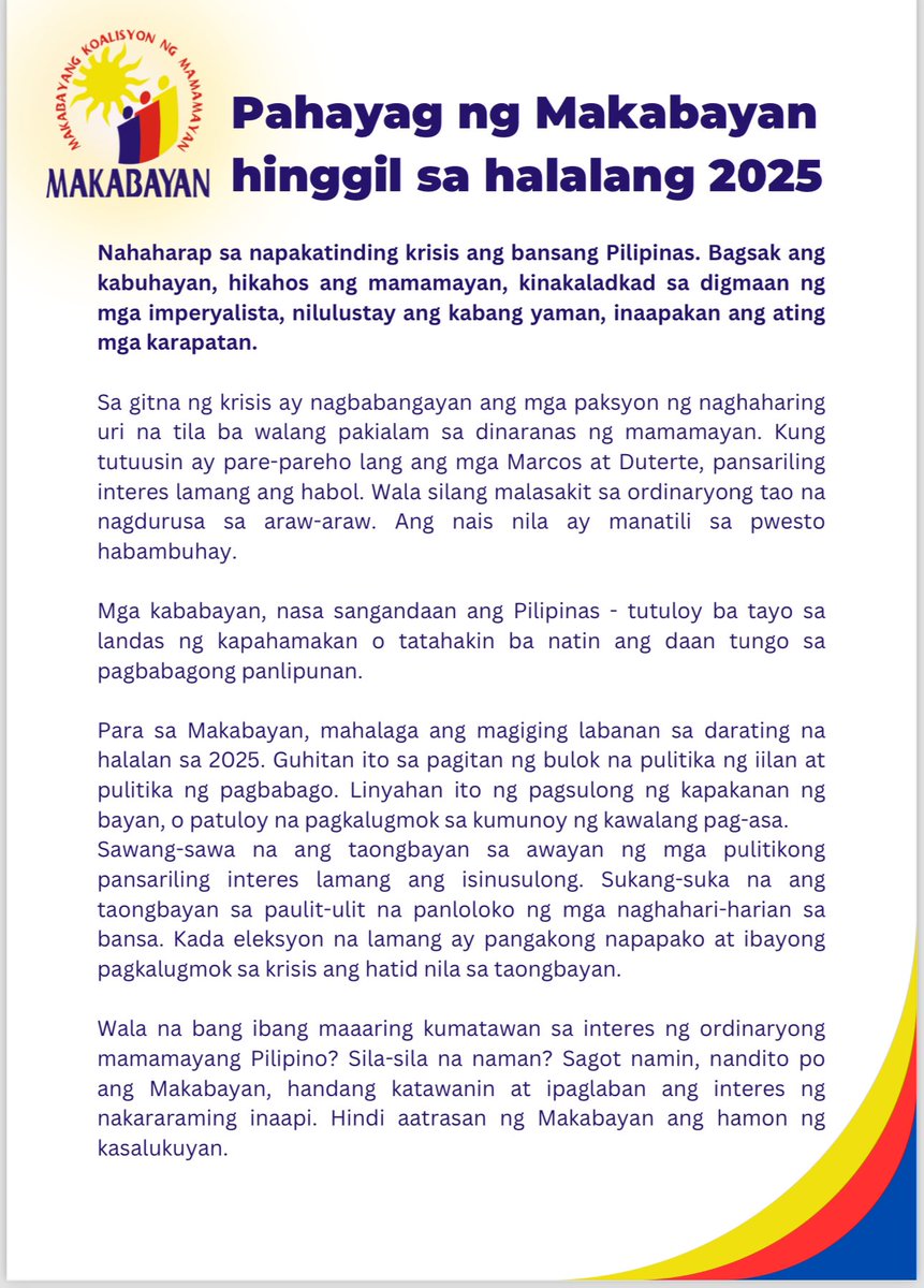 natoreyes's tweet photo. Makabayan has announced its intent to field not just 1 or 2 senatorial candidates but an entire slate for 2025. The group has accepted the challenge to stand as a “people’s opposition”, rejecting both the Marcos and Duterte factions and pushing for a national democratic program. https://t.co/lsQ8leCKK3