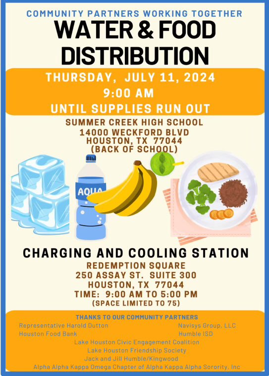 Community partners are joining forces to provide assistance, including water and food distribution at Summer Creek High School on Thursday, July 11, 2024, from 9 am until supplies run out, and a charging and cooling station at Redemption Square from 9 am to 5 pm.