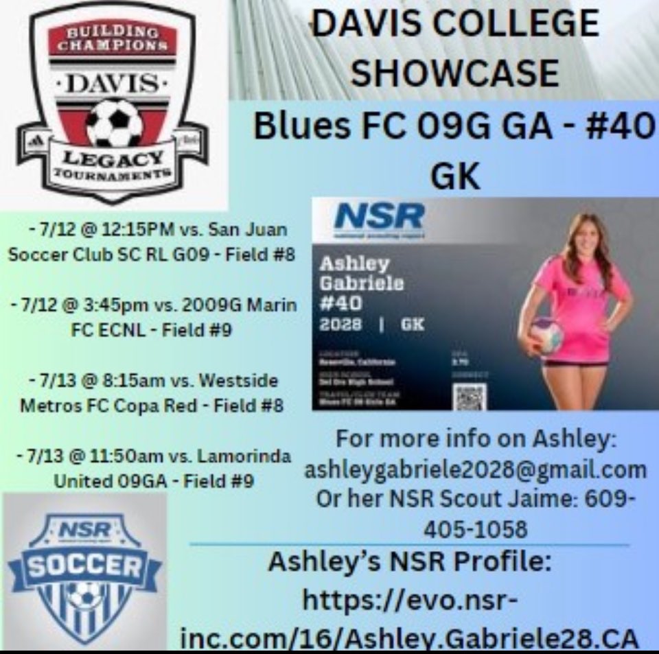 💥Davis Legacy College Showcase💥

#NSRsoccer 2️⃣⚽️2️⃣8️⃣ GK Ashley Gabriele #40

🗓️7/13 - 7/15
🏟️Davis Legacy Soccer Complex, CA
👇Schedule Below 

For more information on Ashley:

📧Jmudge@nsr-inc.com
📱 609-405-1058