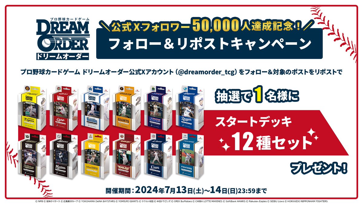 dreamorder_tcg's tweet photo. ⚾━━━━━━━━
 50,000フォロワー
　　 達成記念
━━━━━━━━⚾

#ドリームオーダー スタートデッキ12種セットが
1名様に当たる！

🎁応募方法🎁
①@dreamorder_tcg
をフォロー
②この投稿をRP🔃

2日間限定開催！
7月14日(日)23:59まで！
https://t.co/F2l83yP7xR
#プロ野球 #ドリオ https://t.co/lvmHrWOTRH