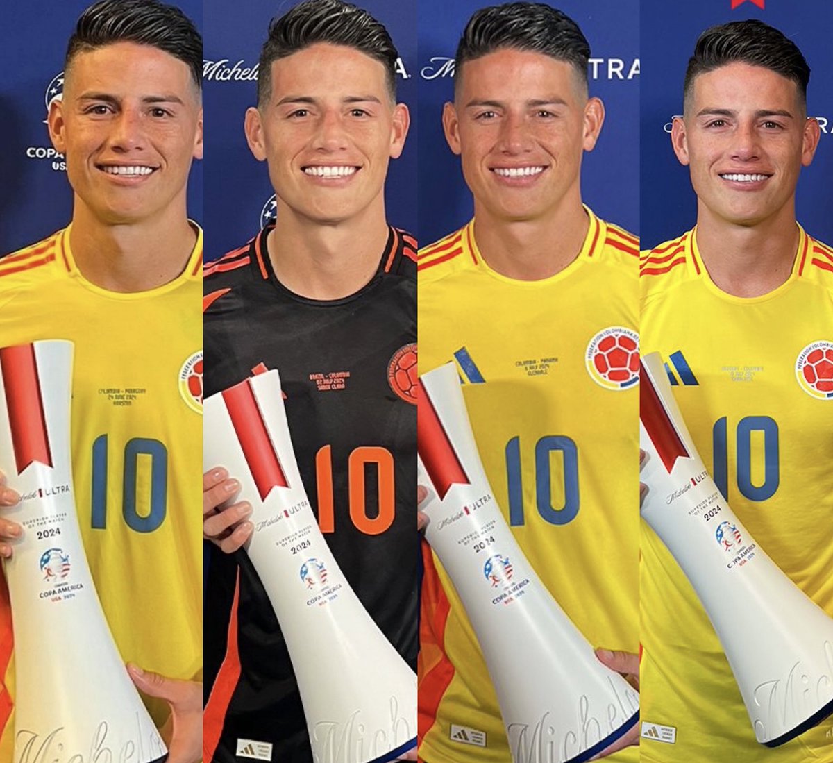 Juezcentral's tweet photo. Parece la misma foto, pero no. Otra vez, James MVP. 

5 partidos, 4 premios.

El mejor futbolista en lo que va de la Copa América, sin discusión alguna. https://t.co/pGiBMqAsKE