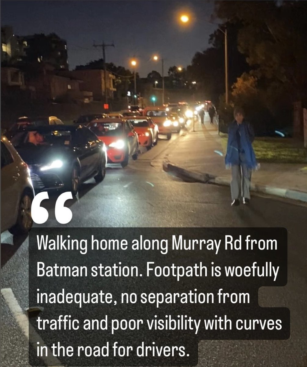 hs4coburg's tweet photo. Text to #AliMoore #Drive from someone doing the scary #MurrayRd walk during her @ABCaustralia segment on Murray Rd danger.
Note the dangerous #NewlandsRd sliplane with no crossing. https://t.co/tC5Ww9DHNr