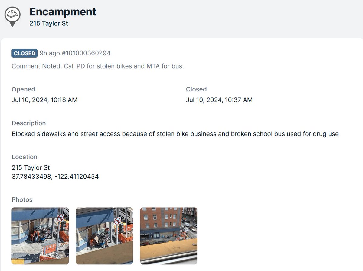 CaseClosedSF311's tweet image. Unsurprisingly, this encampment on Taylor persists. Make sure to read the details why @SF311 closed the citizen's SR this time around. Any excuse is good enough. #notourproblem #thankyouforreporting