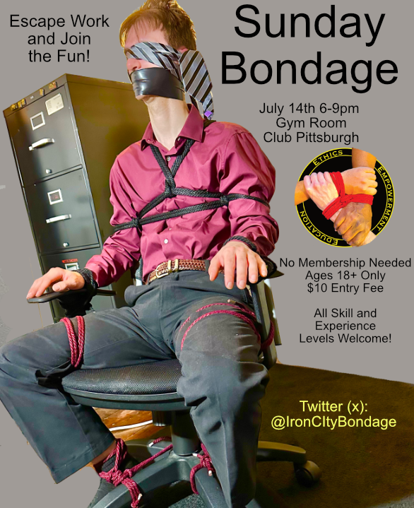 We are looking forward to seeing everyone this coming Sunday July 14th!  Escape work and the heat and join us at the Sunday bondage get together! Special thanks to <a href="/PupHush1/">Pup Hush</a> for the contributing pic for this months flyer!