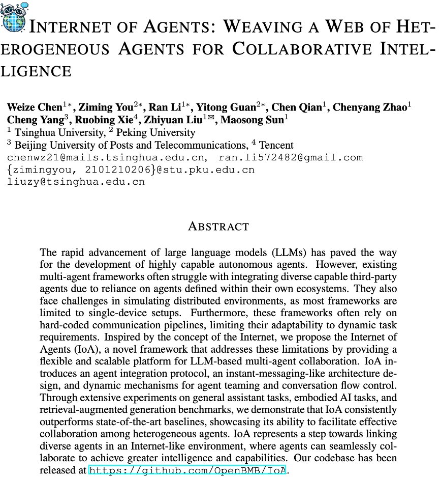 Introducing Internet of Agents (IoA) - a novel framework for AI agent collaboration! 🌐🤖 Imagine a world where heterogeneous AI agents located on different devices work together seamlessly through the Internet, just like humans do on the Internet. That's IoA!