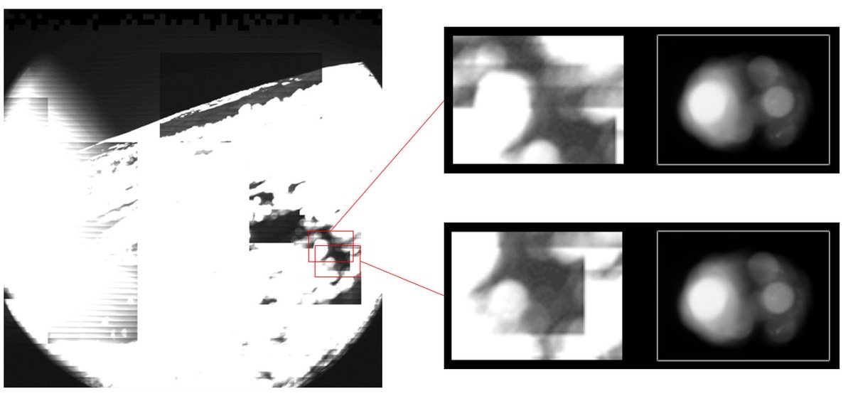 SLIM_JAXA's tweet image. 光の当たり方やレンズのぼけ方などからSTTのレンズを通したLEV-2(SORA-Q)の見え方をCGによって再現しました！以前撮影したSTTによる月面画像の中で、赤枠あたりにサイズ感の似たピンボケしたLEV2に似たものが見えているような気がしますが皆さんにはどう見えますか？