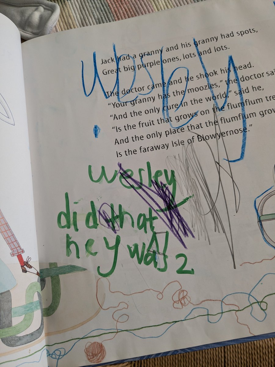 sophiebeerdraws's tweet photo. Cool book inscriptions in some recent acquisitions:

- Larisa Thomas owned The Magic Faraway Tree in 1987. Her and her friends used the back page to write out the initials of their crushes. 

- Wesley, aged 2, got ahold of a crayon and this copy of Jack and the Flumflum Tree. https://t.co/AM5RBL5VsX