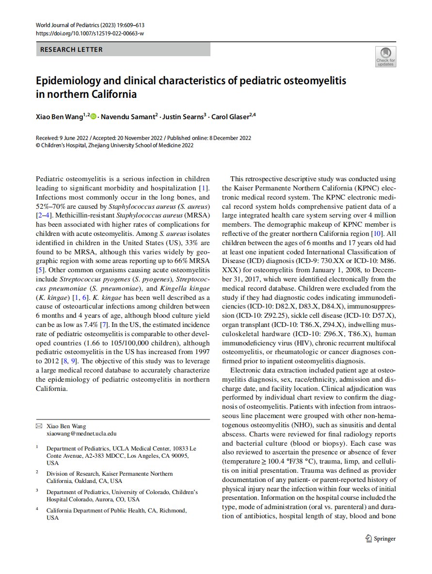 World_J_Pediatr's tweet photo. The study shows a higher pediatric #osteomyelitis incidence and decreasing MRSA rates, suggesting the need for broader pathogen testing.
#meded #SoMe4PedSurg #child #InnoConf24 #California #MRSA #MedicalResearch #ChildHealth #PathogenTesting
https://t.co/DOfwwG0BEV https://t.co/IEZYYf2dUn