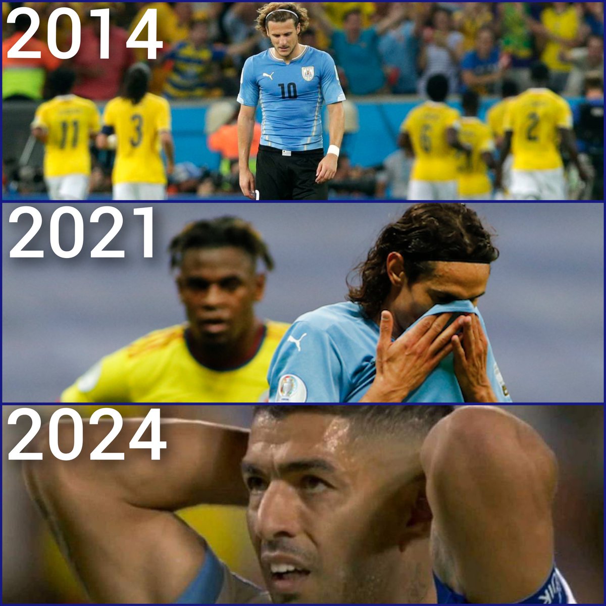 🔹En 2014 les retiramos a Forlán 
🔹En 2021 les retiramos a Cavani
🔹En 2024 les retiramos a Suárez
🇨🇴 COLOMBIA 🇨🇴