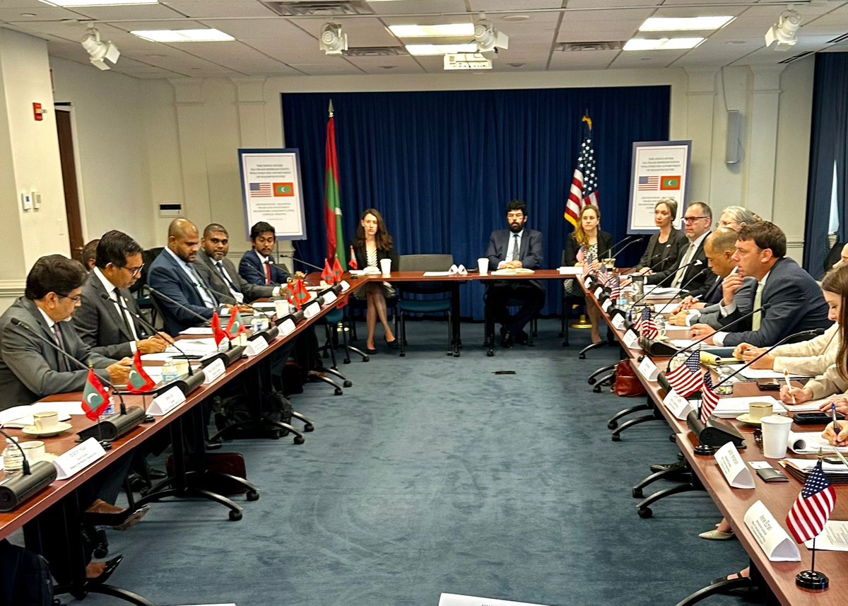MoEDmv's tweet photo. Minister @em_saeed and @USTradeRep, Brendan Lynch, co-chaired the 3rd meeting under the U.S. – Maldives Trade and Investment Framework Agreement held in Washington, D.C. Minister emphasized support for local digital content creators and artists to utilize global platforms, sought options for duty free market access for fishery products, and expressed interest to work with U.S. investors in both government and in the private sector.